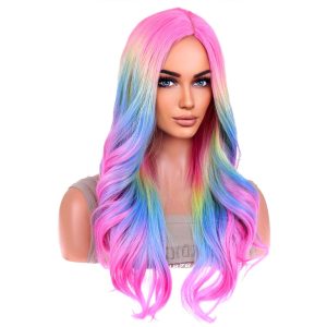 BERON Rainbow Ombre Wigs Long Wavy Wig for Women Colorful Ombre Curly Heat Resistant Synthetic Hair Wigs for Daily Use with Wig Cap