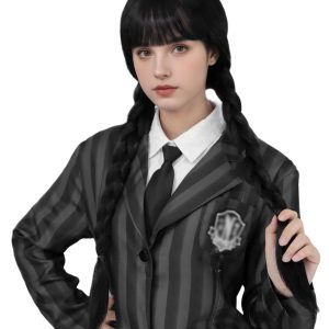 Juziviee Girls Braided Black Wigs for Gothic Costume Women Cute Soft Black Wig with Bangs for Halloween Costume Cosplay JZ025BK
