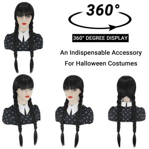 Juziviee Girls Braided Black Wigs for Gothic Costume Women Cute Soft Black Wig with Bangs for Halloween Costume Cosplay JZ025BK