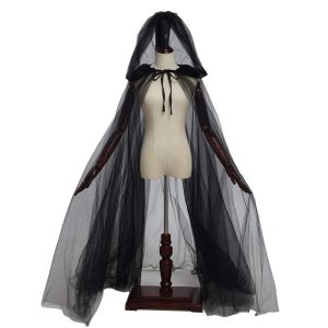 Ghost Costume Haunted Hooded Cape Costume Black Capes for Women Bride Hooded Cape Cloak 59.06 IN (Black)