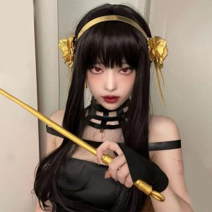 abouder Yor Cosplay Wig with Headband - Black Long Ponytail Cosplay Wig for Yor Briar Anime Halloween Costume Party