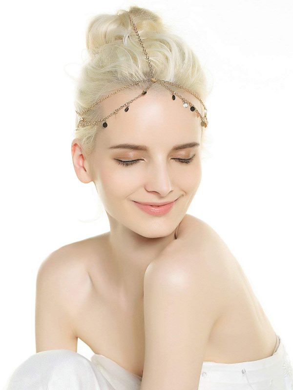 Aukmla Gold Sequins Head Chain Jewelry Festival Halloween Prom Costume Hair Accessories Fashion Headbands Headpieces for Women and Girls - Image 2