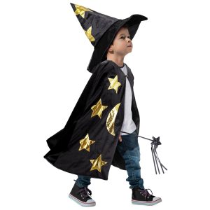 Kids Wizard Witch Cloak With Hat And Wand, Halloween Boys and Girls Cape Costume Props for Cosplay Party Fancy Dress (Black)