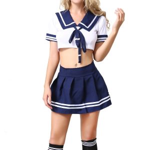 ANJAYLIA Women Lingerie Schoolgirls Outfit Lingerie Roleplay Cosplay Sailor Costumes with Socks(Blue)