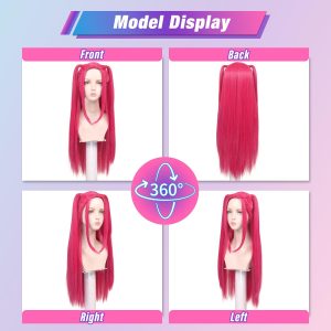 FantaLook Long Straight Hot Pink Cosplay Wig with 2 Ponytails for Women Halloween Party Costume