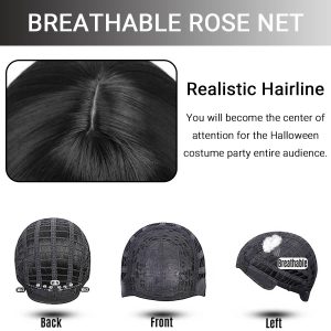Juziviee Girls Braided Black Wigs for Gothic Costume Women Cute Soft Black Wig with Bangs for Halloween Costume Cosplay JZ025BK