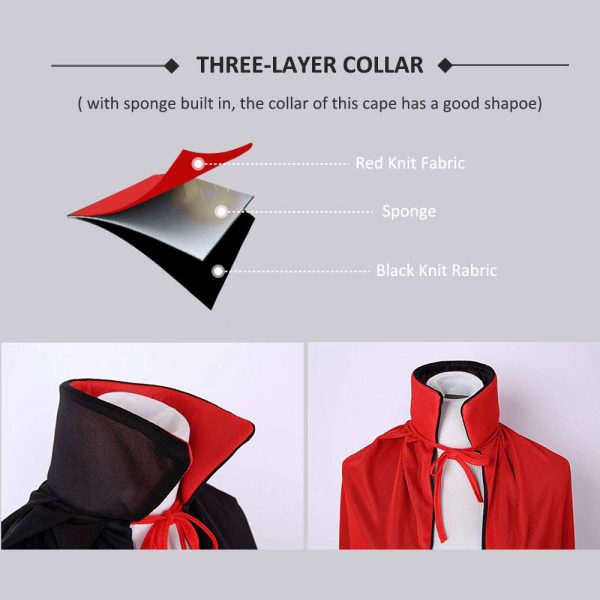 CAKKA Halloween Vampire Cloak, 55” Reversible Halloween Costume Cape with Vampire Teeth and Ears, Double Layer Magician Costume for Unisex Women and Men (Red and Black) - Image 6