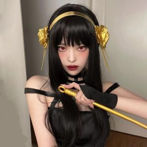 abouder Yor Cosplay Wig with Headband - Black Long Ponytail Cosplay Wig for Yor Briar Anime Halloween Costume Party