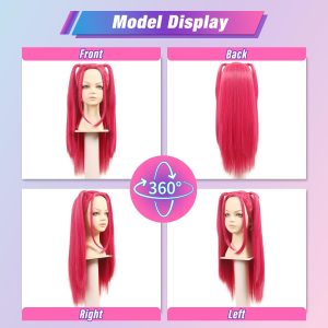 FantaLook Long Straight Hot Pink Cosplay Wig with 2 Ponytails for Halloween Party Costume（Small Size）
