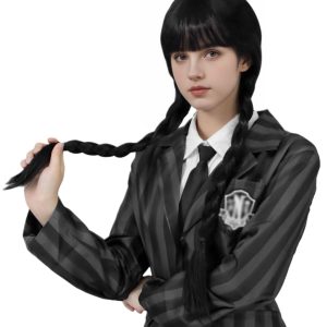 Juziviee Girls Braided Black Wigs for Gothic Costume Women Cute Soft Black Wig with Bangs for Halloween Costume Cosplay JZ025BK