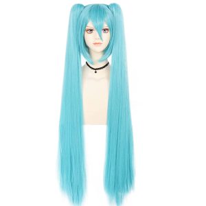 JoneTing 48inch/120cm Long Blue Wig【+Wig Cap】 with Double Ponytails for Women Long Straight White Ponytail Wigs Blue Pigtails Wigs for Cospaly Peluca Azul Blue Pigtail Hair for Halloween Party