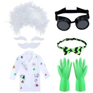 Keymall Mad Scientist Costume for Kids 6 Pieces Halloween Crazy Mad Wig Scientist Lab Coat Mustache Goggles Gloves Bow Tie (Set A)