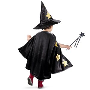 Kids Wizard Witch Cloak With Hat And Wand, Halloween Boys and Girls Cape Costume Props for Cosplay Party Fancy Dress (Black)