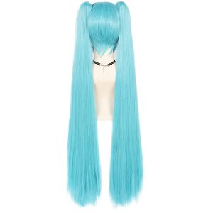 JoneTing 48inch/120cm Long Blue Wig【+Wig Cap】 with Double Ponytails for Women Long Straight White Ponytail Wigs Blue Pigtails Wigs for Cospaly Peluca Azul Blue Pigtail Hair for Halloween Party