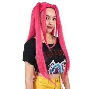 FantaLook Long Straight Hot Pink Cosplay Wig with 2 Ponytails for Women Halloween Party Costume