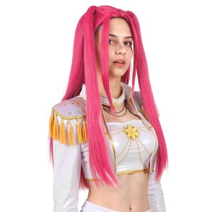 FantaLook Long Straight Hot Pink Cosplay Wig with 2 Ponytails for Women Halloween Party Costume
