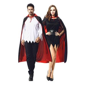 CAKKA Halloween Vampire Cloak, 55” Reversible Halloween Costume Cape with Vampire Teeth and Ears, Double Layer Magician Costume for Unisex Women and Men (Red and Black)