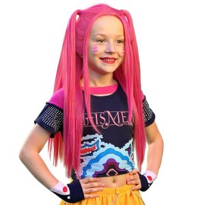 FantaLook Long Straight Hot Pink Cosplay Wig with 2 Ponytails for Halloween Party Costume（Small Size）