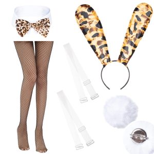 Anime Womens Bunny Girl Costume One Piece Bodysuit Halloween Cosplay Catsuit Bunny Headband Stockings Set(Leopard S)
