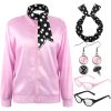 7 Pcs Pink Satin Jacket, 1950s Women Costumes with 50s Outfits Accessories for Pink Halloween Cosplay Costumes Party Set A XL