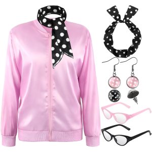 7 Pcs Pink Satin Jacket, 1950s Women Costumes with 50s Outfits Accessories for Pink Halloween Cosplay Costumes Party Set A XL