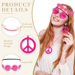 Batiyeer 6 Pcs Hippie Costume Accessories Set, Boho Peace Sign Daisy Flower 60s 70s Party Favors Decor for Groovy Party Women(Rose Red)