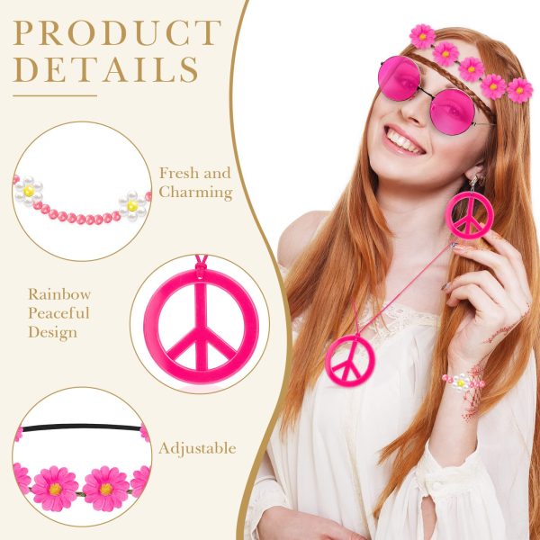 Batiyeer 6 Pcs Hippie Costume Accessories Set, Boho Peace Sign Daisy Flower 60s 70s Party Favors Decor for Groovy Party Women(Rose Red) - Image 5