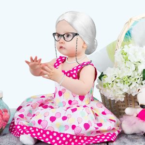 AOTHSO 5 Pieces 100 Days of School Old Lady Wig Costume Set Granny Cosplay Wig Glasses Necklace for Halloween Dress Up Party