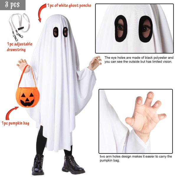 Oskiner Ghost Costume for Kids,White Ghost costumes with Pumpkin Bag, Spooky Halloween for Boys Girls Toddler - Image 5