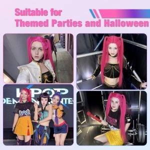 FantaLook Long Straight Hot Pink Cosplay Wig with 2 Ponytails for Women Halloween Party Costume