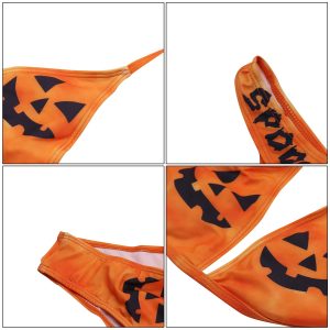 ANKOMINA Women Gothic Skull Letter Printed Two Piece Swimsuit High Cut Triangle Bikini Set for Rave Party Festival Halloween Orange