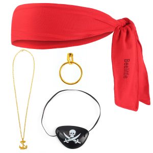 Beelittle Captain Pirate Costume Accessories Set Red Headband Pirate Skull Eye Patch Gold Earrring Necklace (Red 1)