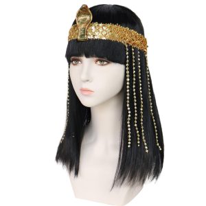JoneTing Black Cleopatra Wig【+Hair Cap + Fringe】SL Black Bob Hair with Bangs for Women Egyptian Wigs Cleopatra Cospaly Wig Short Straight Bob Cosplay Hairs and Accessories for Halloween Costume Outfit