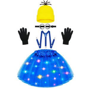 Halloween Costume for Kids, 5 PCS Light Up Yellow Halloween Cosplay Costume Accessories Set LED Blue Tutu Skirt/Steampunk Goggles Glasses/Beanie Hat/Suspenders/Black Gloves for Girls 4-8 Years