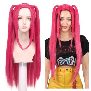 FantaLook Long Straight Hot Pink Cosplay Wig with 2 Ponytails for Women Halloween Party Costume