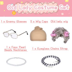 FAYBOX Old Lady Wig Costume for Women,100 Days of School Costume,Grandma Granny Costume Wig