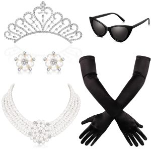BBTO 6 Pieces Halloween 1920s Accessories for Women Halloween Costume Set Pearl Dangle Pendant Necklace Earrings(Elegant Style)