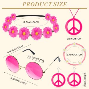 Batiyeer 6 Pcs Hippie Costume Accessories Set, Boho Peace Sign Daisy Flower 60s 70s Party Favors Decor for Groovy Party Women(Rose Red)