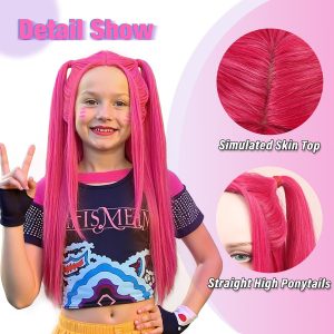 FantaLook Long Straight Hot Pink Cosplay Wig with 2 Ponytails for Halloween Party Costume（Small Size）