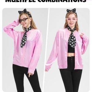 7 Pcs Pink Satin Jacket, 1950s Women Costumes with 50s Outfits Accessories for Pink Halloween Cosplay Costumes Party Set A XL