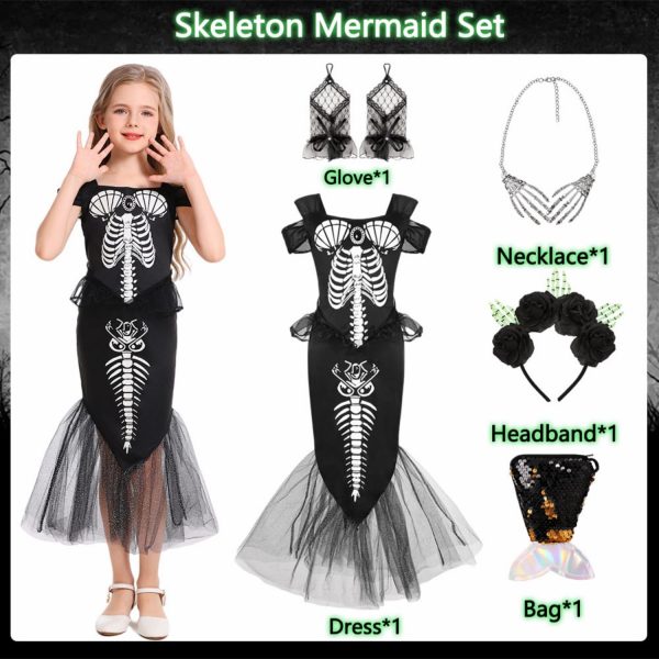 5pcs Girls Skeleton Mermaid Costume Princess Fish Dress Kids Halloween Costumes with Headband Necklace Gloves Bag for Toddler Cosplay Party CA048-M - Image 4