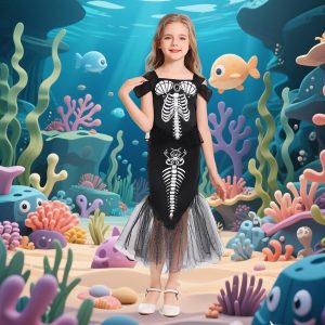 5pcs Girls Skeleton Mermaid Costume Princess Fish Dress Kids Halloween Costumes with Headband Necklace Gloves Bag for Toddler Cosplay Party CA048-M