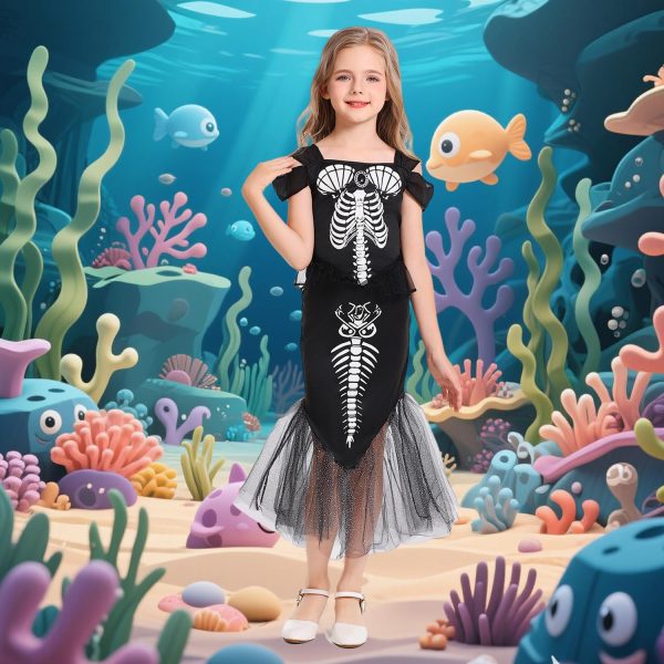 5pcs Girls Skeleton Mermaid Costume Princess Fish Dress Kids Halloween Costumes with Headband Necklace Gloves Bag for Toddler Cosplay Party CA048-M - Image 2