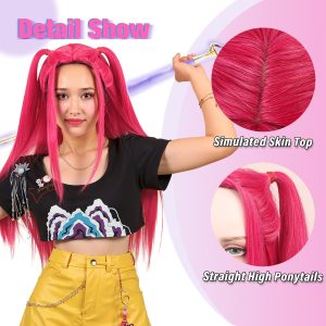 FantaLook Long Straight Hot Pink Cosplay Wig with 2 Ponytails for Women Halloween Party Costume