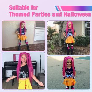 FantaLook Long Straight Hot Pink Cosplay Wig with 2 Ponytails for Halloween Party Costume（Small Size）