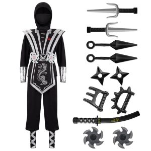 Spooktacular Creations Halloween Ninja Costume for Kids, Silver Boys Ninja Costume, Toddler Accessories Outfit Set for Dress Up and Cosplay Party, S