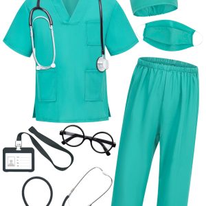 ICECUTE Doctor Scrubs for Kids,7 Pcs Scrubs Costume with Accessories,Halloween Costume for Boy Girls,3-11 Years (Green, 7-8Years)