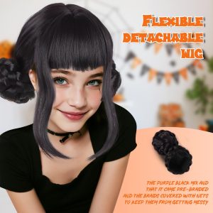 Halloween Cosplay Wig for Women - Black & Purple Short Anime Hair with Double Buns - Fantasy Character Costume Party Wig