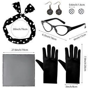 Bcxfbxd 7 Pcs 50's Women Costume Accessories Set 1950s Outfits Accessories Cat Eye Glasses Scarf Bandana Headband Drop Dot Earrings for Girls Party Halloween