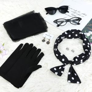Bcxfbxd 7 Pcs 50's Women Costume Accessories Set 1950s Outfits Accessories Cat Eye Glasses Scarf Bandana Headband Drop Dot Earrings for Girls Party Halloween